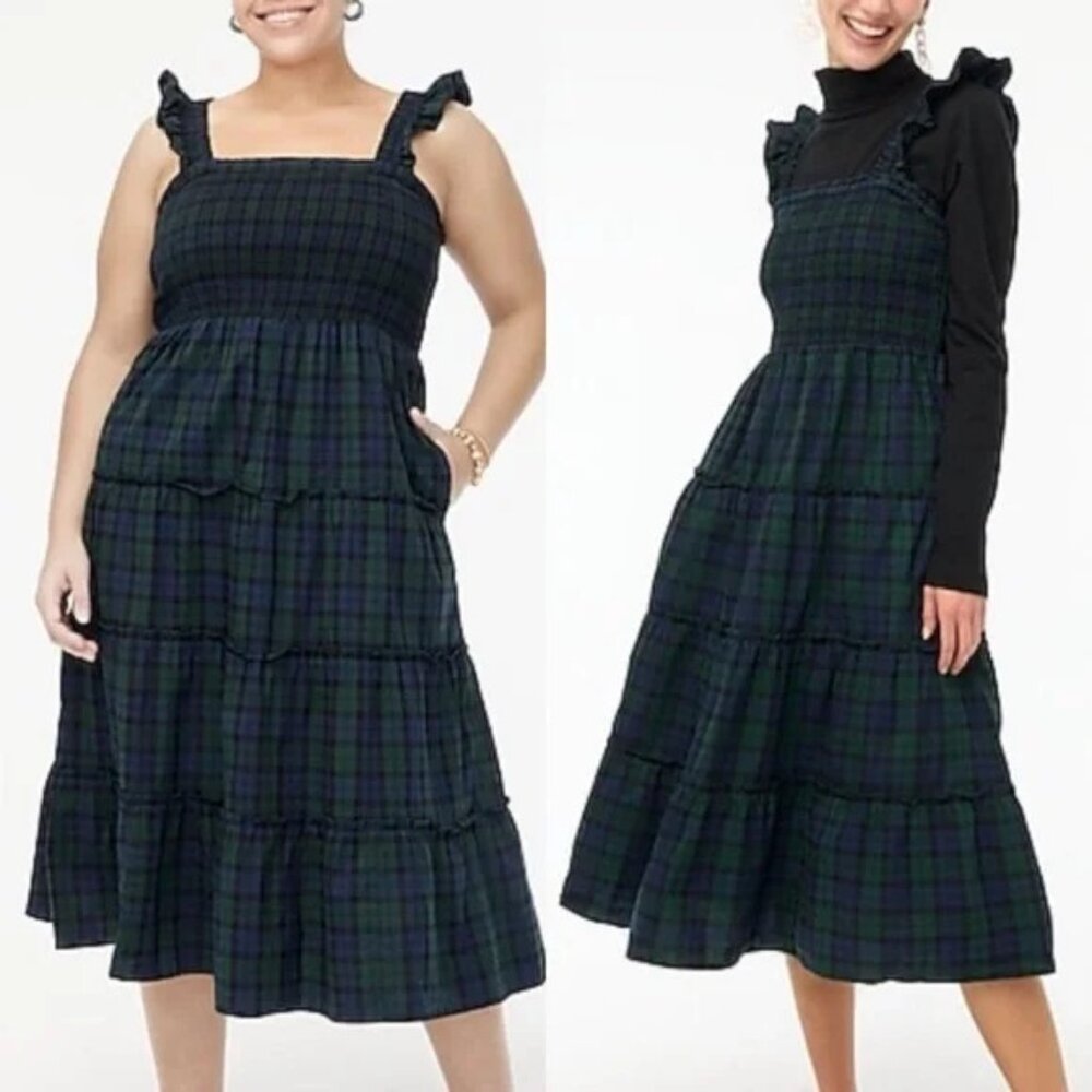 J. Crew Factory - Tiered Poplin Sleeveless Midi Dress- Black Watch